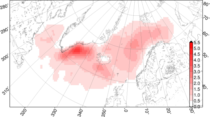 Räumliche Häufigkeitsverteilung von polaren Wirbelstürmen über dem Nordatlantik